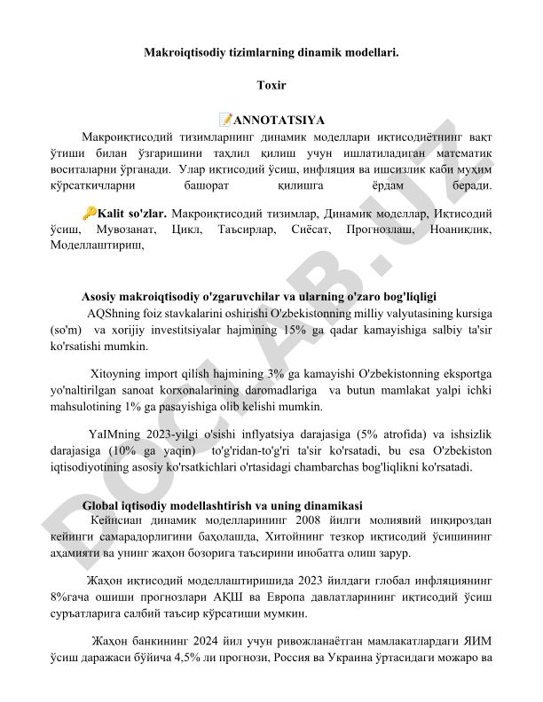 Makroiqtisodiy tizimlarning dinamik modellari