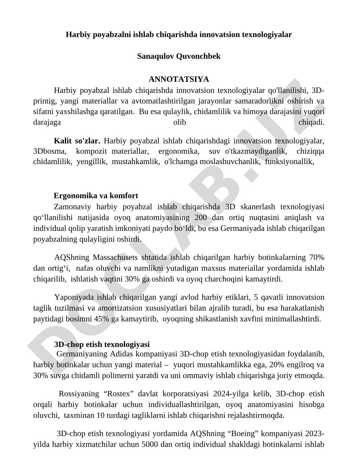 Harbiy poyabzalni ishlab chiqarishda innovatsion texnologiyalar