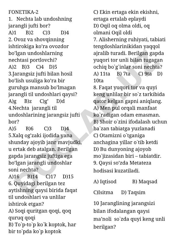 O'zbek tili fonetikasi test savollari