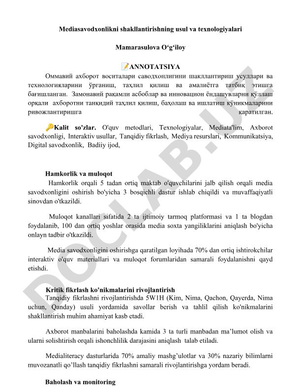 Mediasavodxonlikni shakllantirishning usul va texnologiyalari