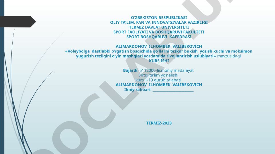 Voleybolga dastlabki o'rgatish bosqichida qo'llarni tezkor bukish yozish kuchi va moksimon yugurish tezligini o'yin mashqlari yordamida rivojlantirish uslubiyati