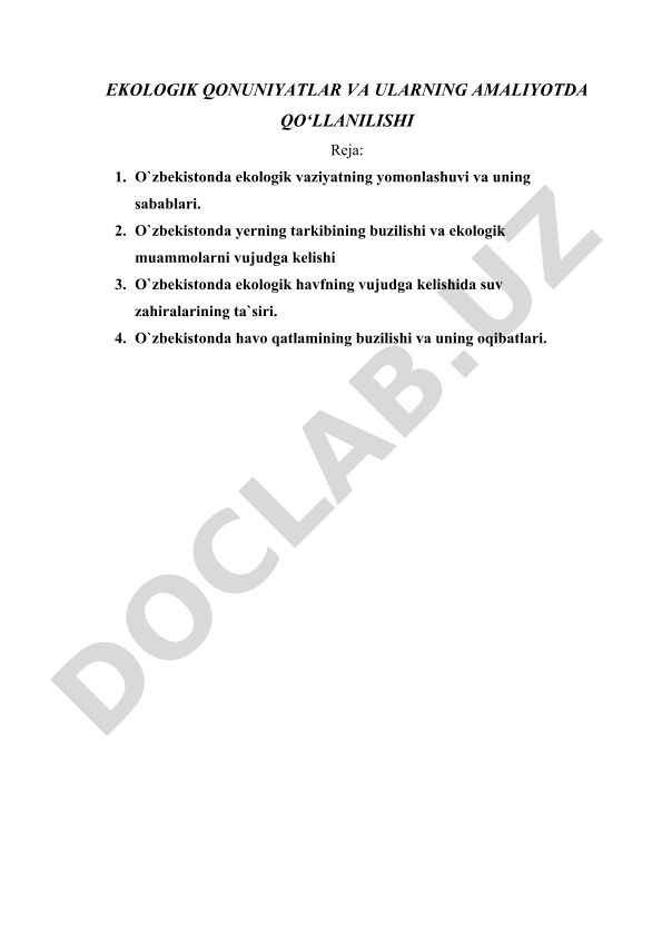 Ekologik qonuniyatlar va ularning amaliyotda qo‘llanilishi