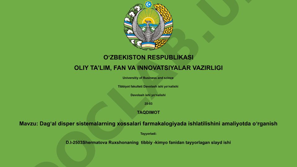 Dagʻal disper sistemalarning xossalari farmakalogiyada ishlatilishini amaliyotda oʻrganish