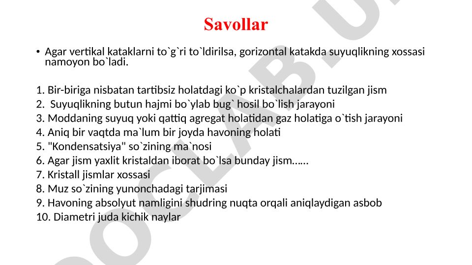 Fizika fanidan agregat holatlar va kristallar mavzusidagi savol-javoblar