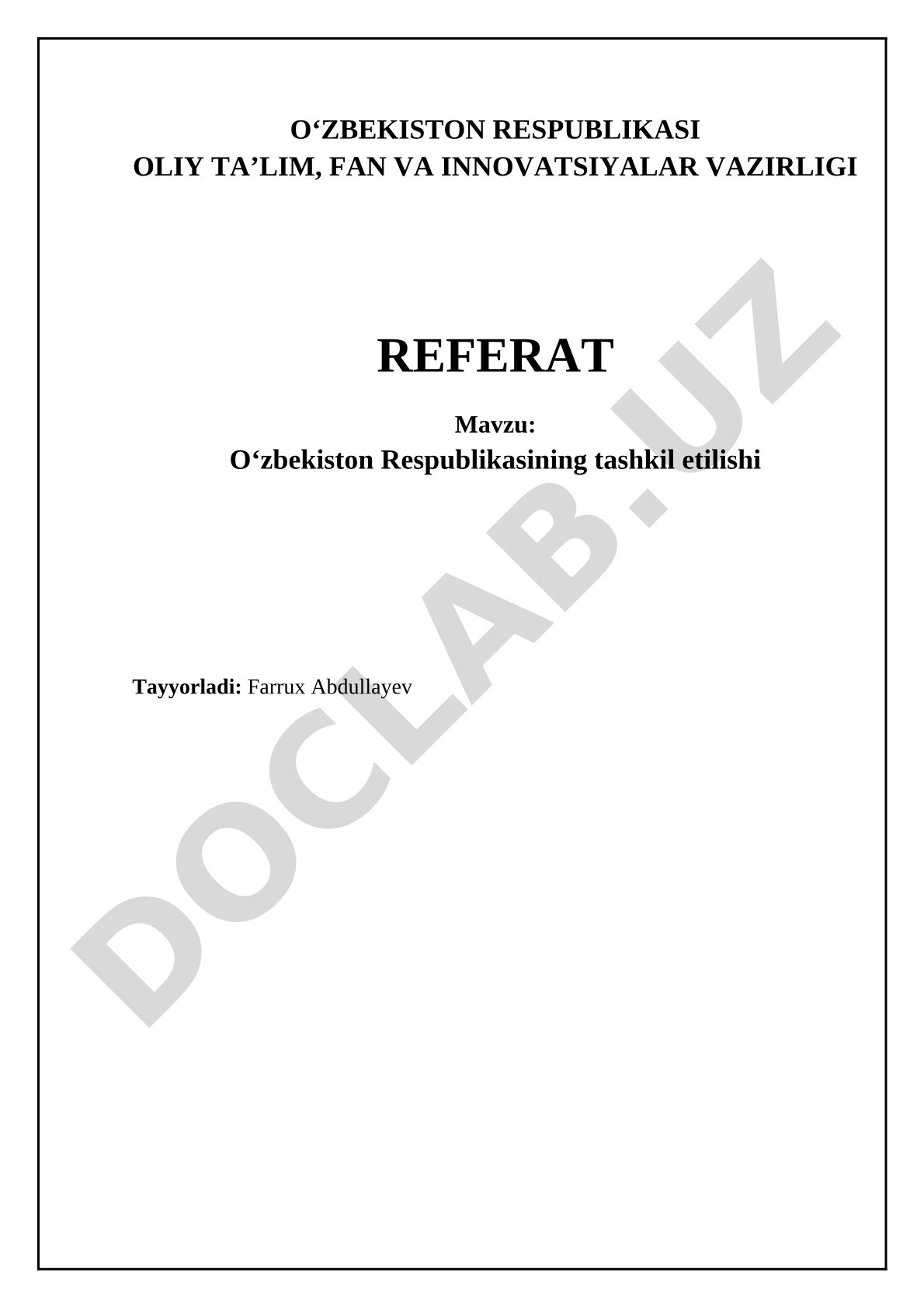 O‘zbekiston Respublikasining tashkil etilishi
