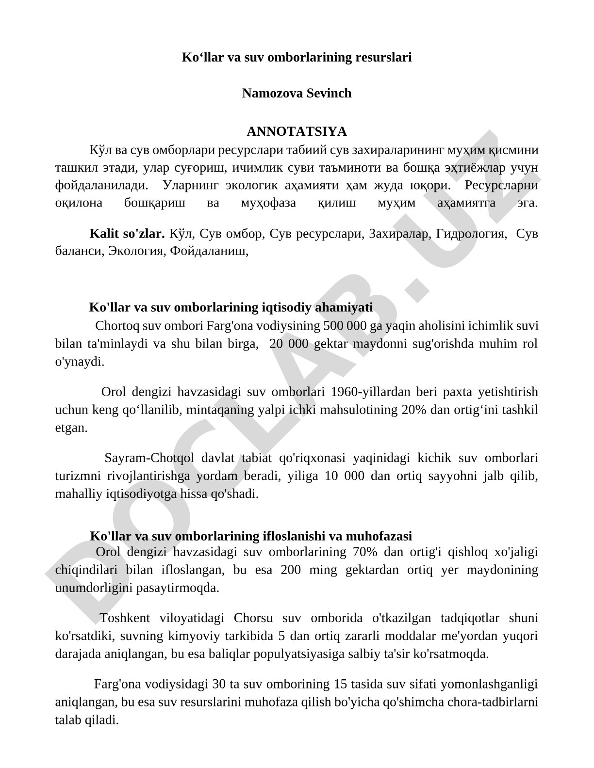 Ko'llar va suv omborlarining resurslari