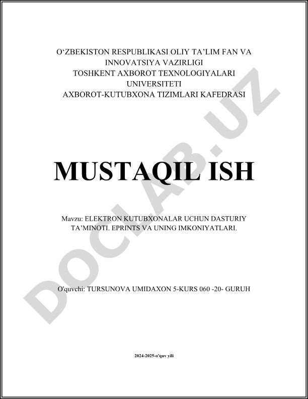ELEKTRON KUTUBXONALAR UCHUN DASTURIY TA’MINOTI. EPRINTS VA UNING IMKONIYATLARI