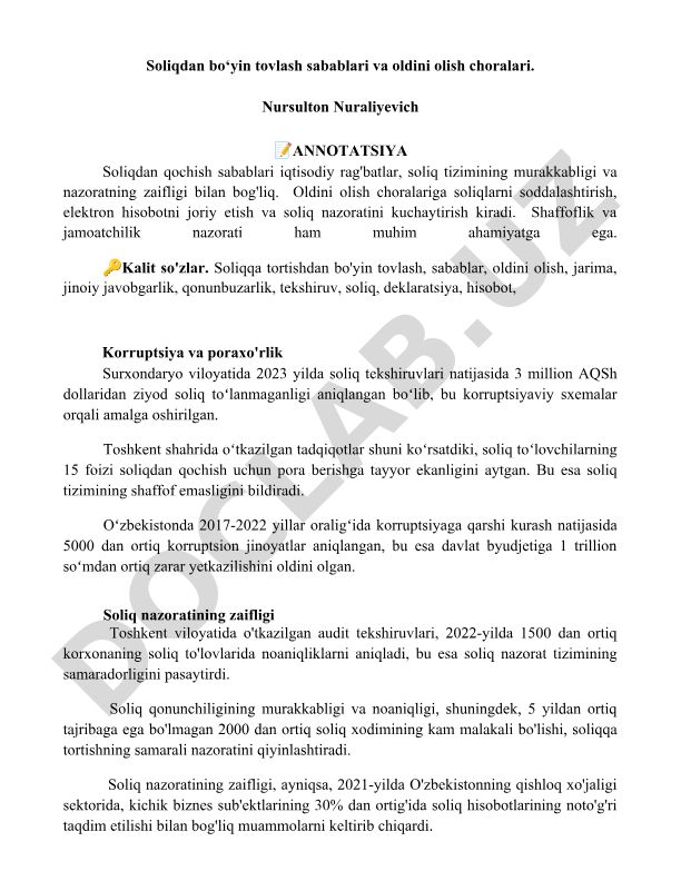 Soliqdan bo‘yin tovlash sabablari va oldini olish choralari