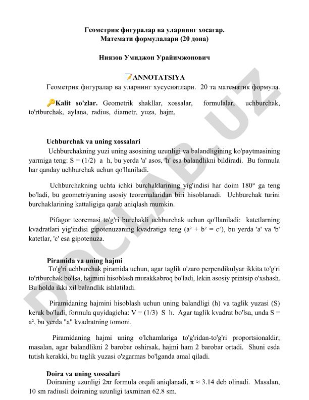 Geometrik shakllar va ularning xossalari