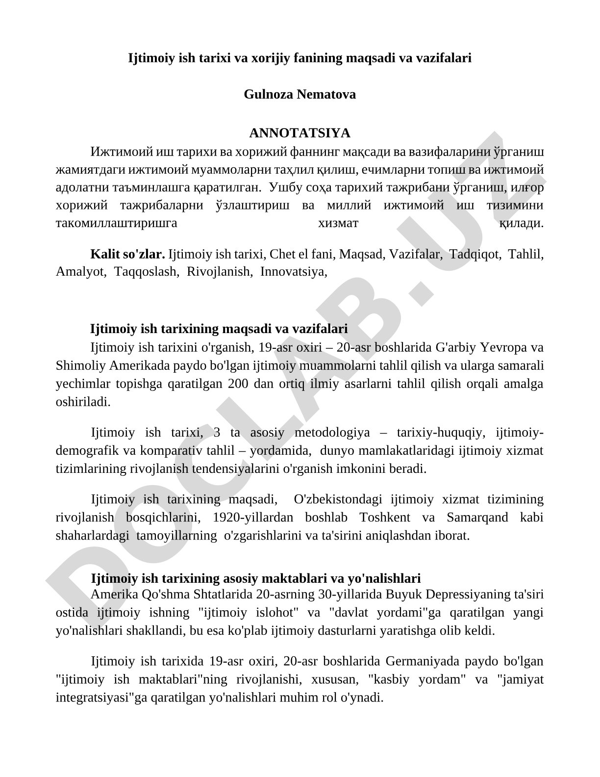 Ijtimoiy ish tarixi va xorijiy fanining maqsadi va vazifalari
