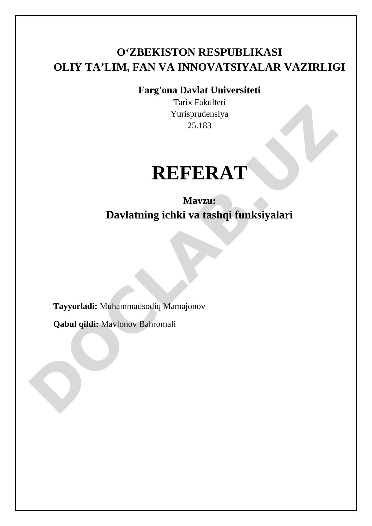 Davlatning ichki va tashqi funksiyalari