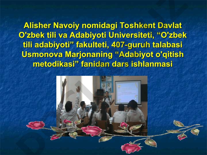 Adabiyot o'qitish metodikasi dars ishlanmasi