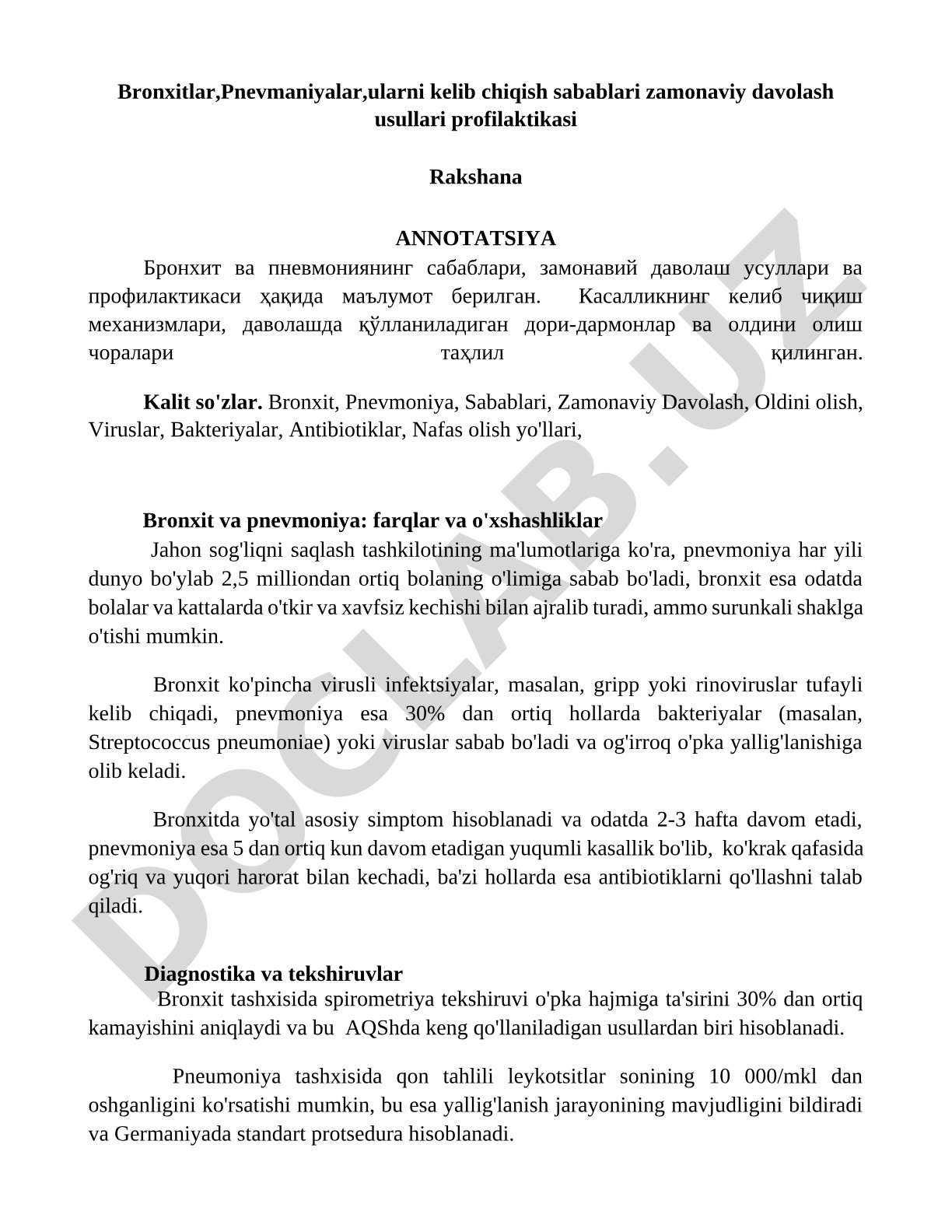 Bronxitlar, Pnevmaniyalar, ularni kelib chiqish sabablari zamonaviy davolash usullari profilaktikasi