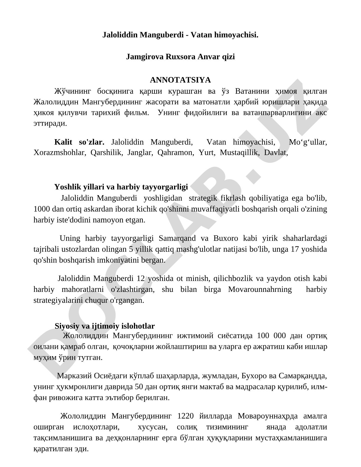 Jaloliddin Manguberdi - Vatan himoyachisi