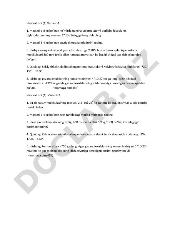 Fizika nazorat ishi (1) Variant-1 va Variant-2