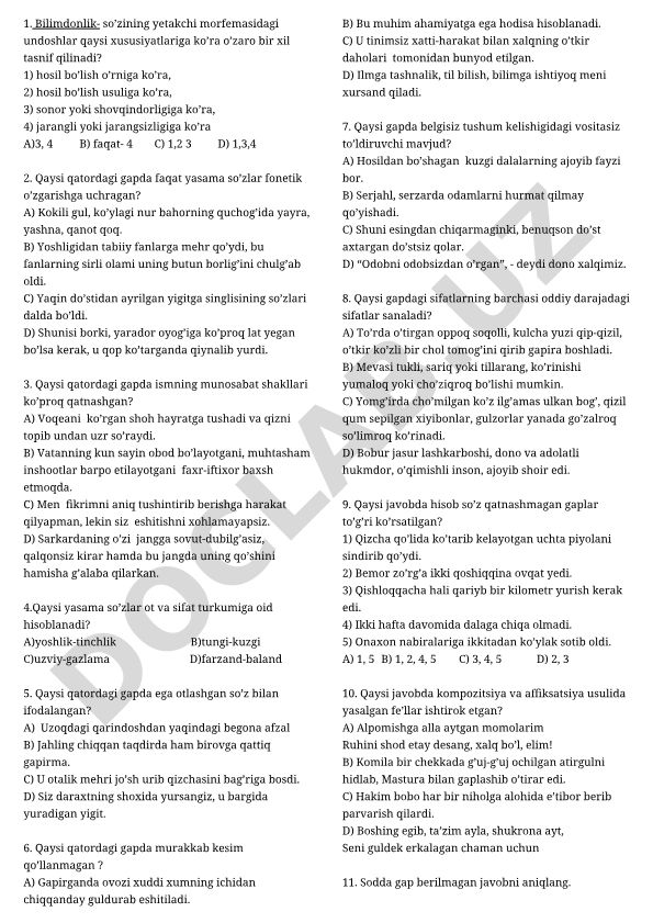 O'zbek tili morfologiyasi va sintaksisi test savollari