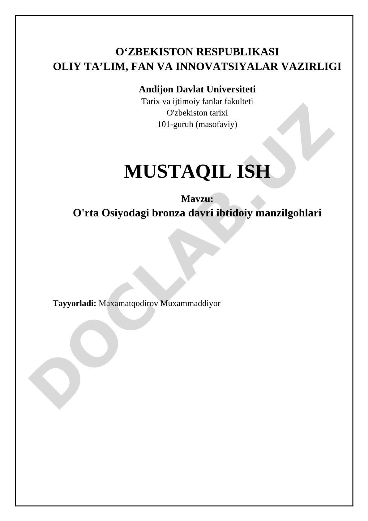 O'rta Osiyodagi bronza davri ibtidoiy manzilgohlari