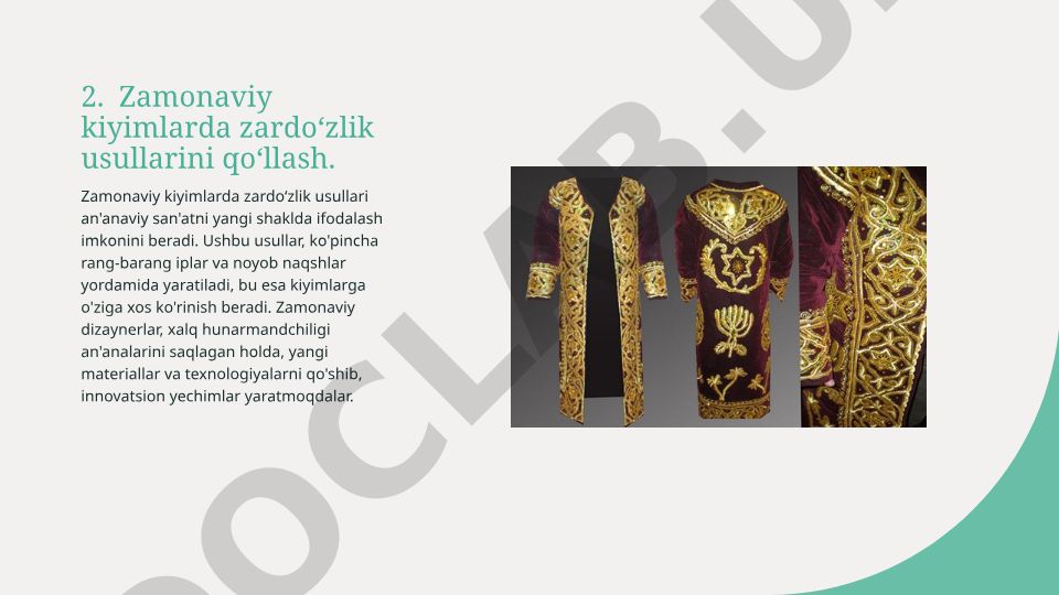 Zamonaviy kiyimlarda zardo‘zlik usullari va gilam to‘qish san’ati