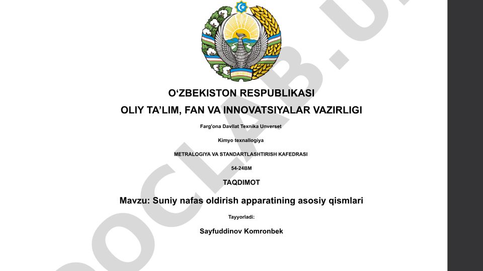 Suniy nafas oldirish apparatining asosiy qismlari