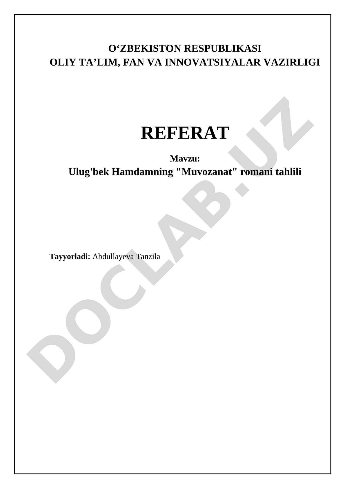 Ulug'bek Hamdamning "Muvozanat" romani tahlili