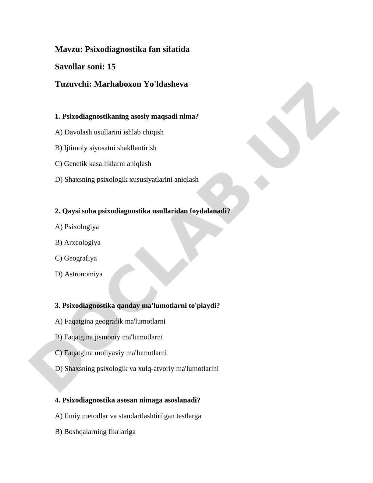 Psixodiagnostika fan sifatida
