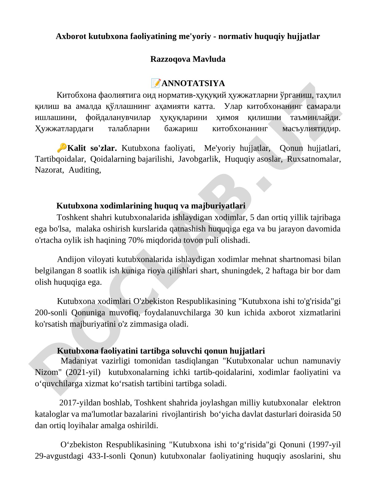 Axborot-kutubxona faoliyatining me'yoriy-huquqiy asoslari