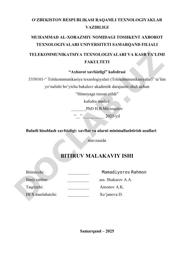 Blokcheyn va bulutli texnologiyalar asosida bank xavfsizligini oshirish