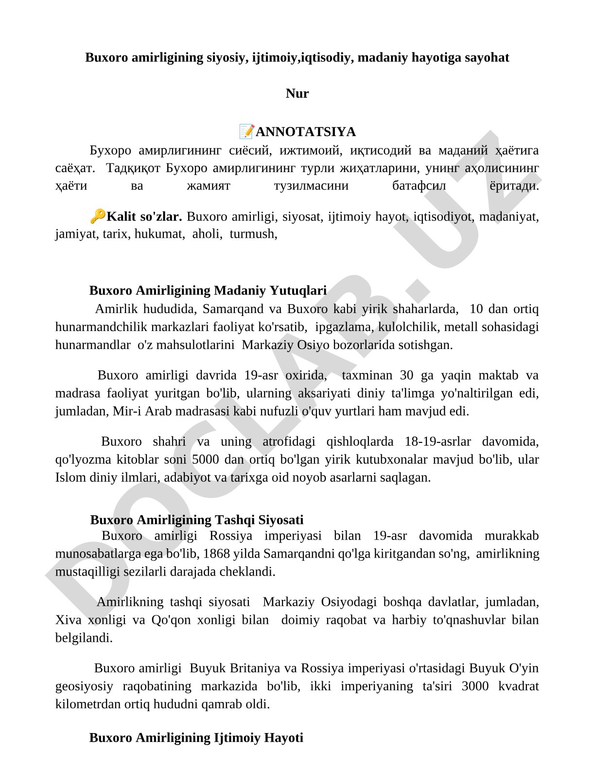 Buxoro amirligining siyosiy, ijtimoiy, iqtisodiy, madaniy hayotiga sayohat