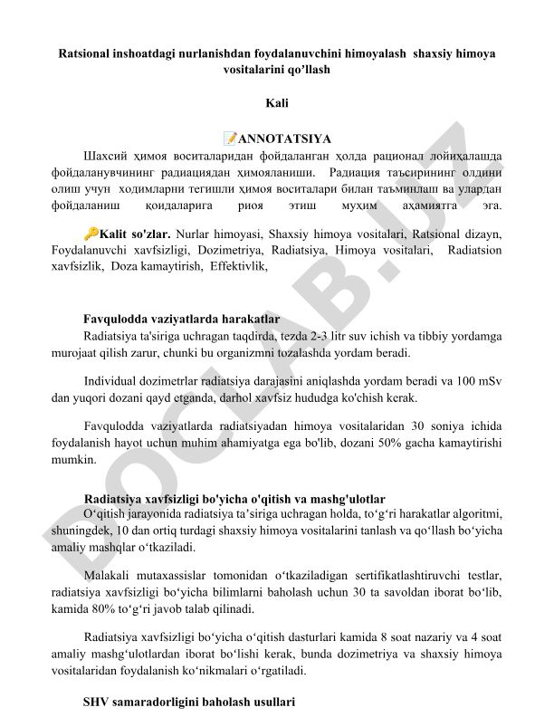 Ratsional inshoatdagi nurlanishdan foydalanuvchini himoyalash