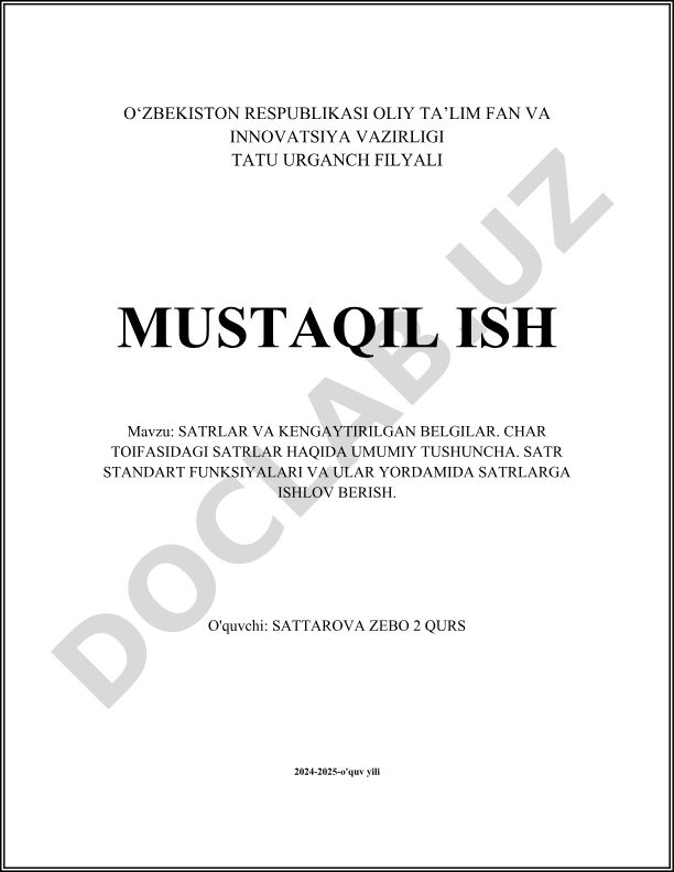 SATRLAR VA KENGAYTIRILGAN BELGILAR. CHAR TOIFASIDAGI SATRLAR HAQIDA UMUMIY TUSHUNCHA. SATR STANDART FUNKSIYALARI VA ULAR YORDAMIDA SATRLARGA ISHLOV BERISH