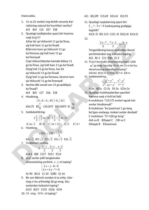 Matematika test savollari va masalalari
