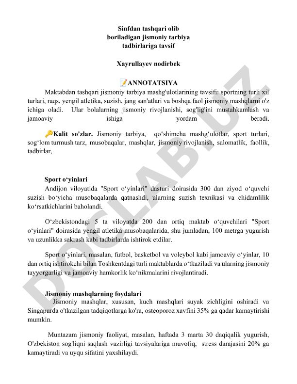 Sinfdan tashqari jismoniy tarbiya tadbirlariga tavsif