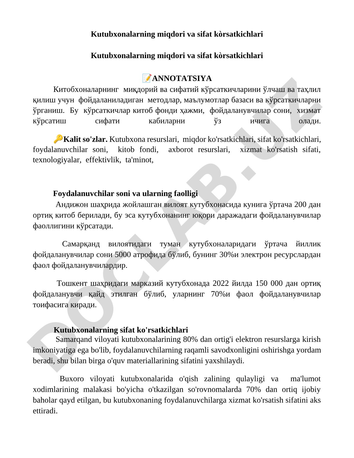 Kutubxonalarning miqdori va sifat ko'rsatkichlari