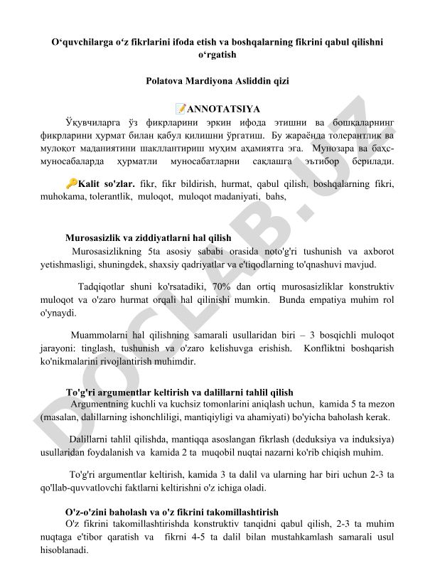 O'quvchilarga fikr bildirish va boshqalarning fikrini qabul qilishni o'rgatish
