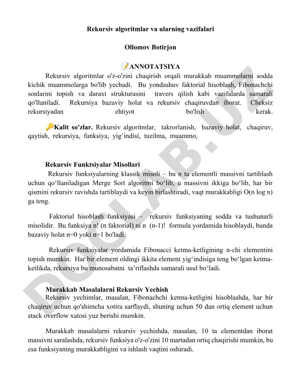 Rekursiv algoritmlar va ularning vazifalari