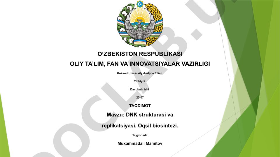 DNK strukturasi va replikatsiyasi. Oqsil biosintezi