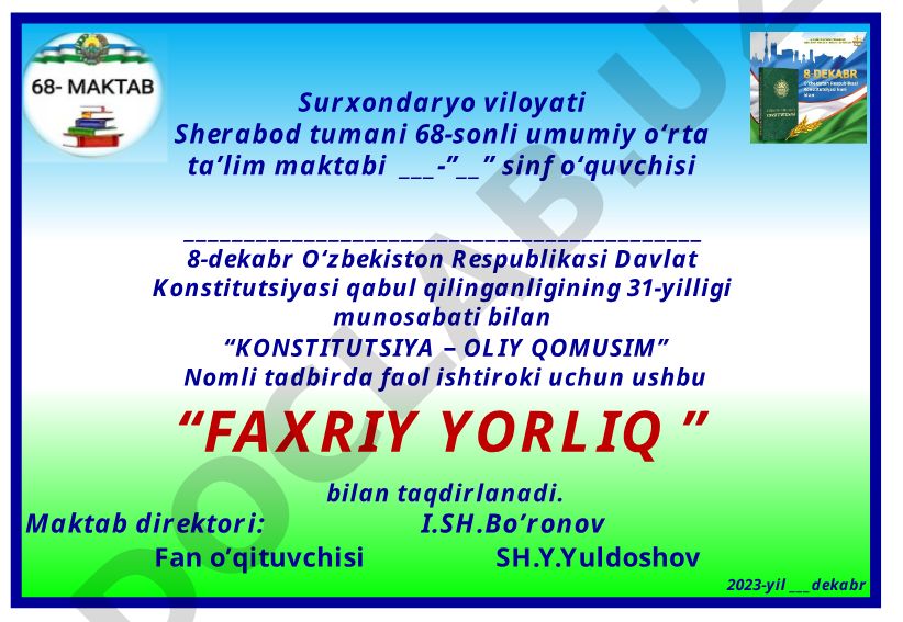 Konstitutsiya – oliy qonunim nomli tadbir faxriy yorlig'i
