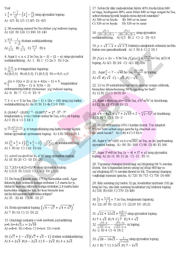 Matematika test savollari va masalalari