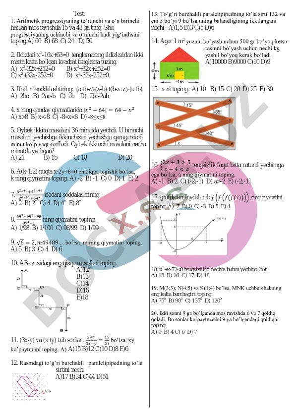 Matematika test savollari va masalalari