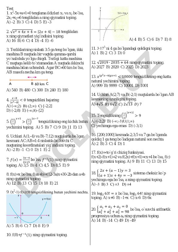 Matematika test savollari to'plami