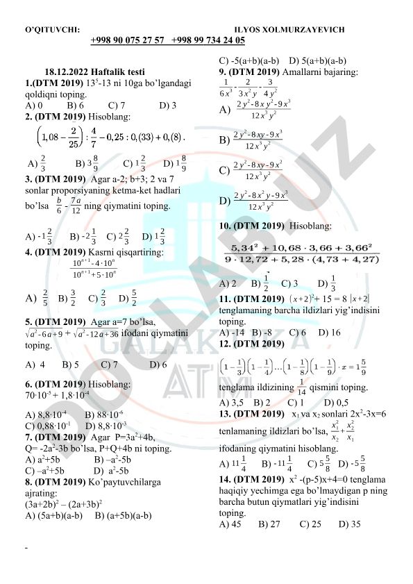 DTM 2019 matematika test savollari