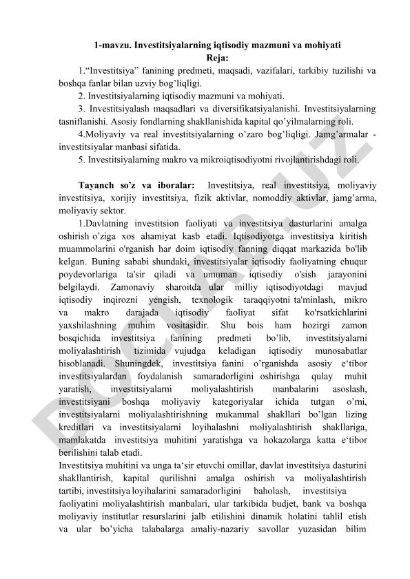 Investitsiyalarning iqtisodiy mazmuni va mohiyati