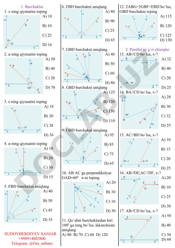 Geometriya burchaklar va parallel to'g'ri chiziqlar masalalari