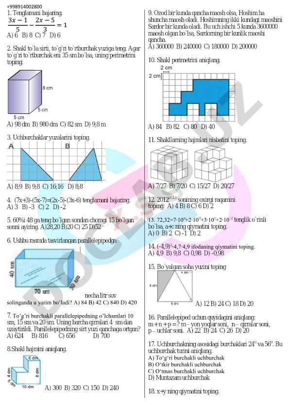 Matematika masalalari va geometriya topshiriqlari