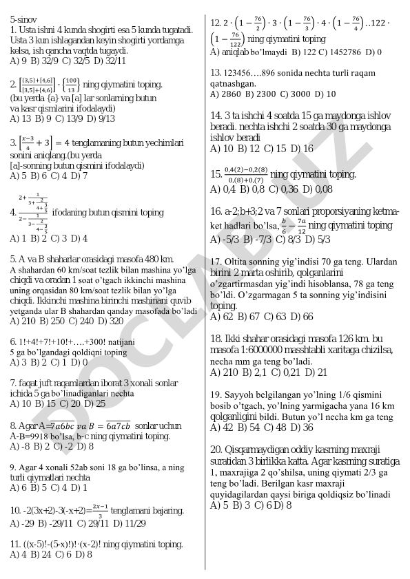 Matematika masalalari to'plami