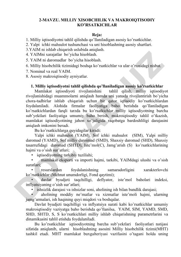 Milliy xisobchilik va makroiqtisodiy ko'rsatkichlar