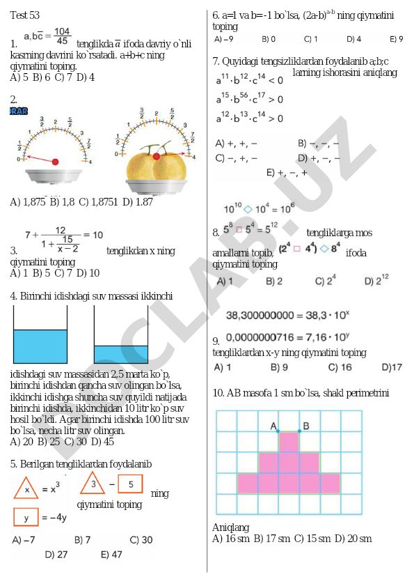 Matematika test savollari va masalalari