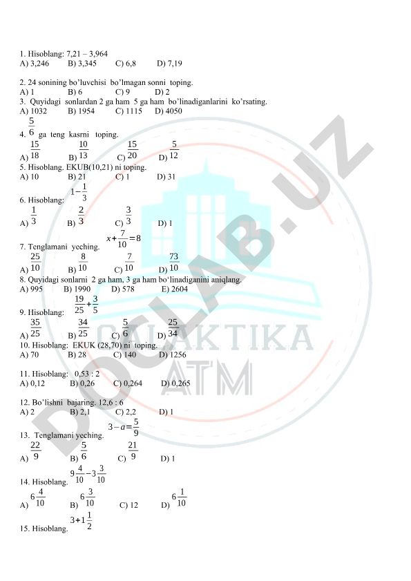 Matematika test savollari va masalalari
