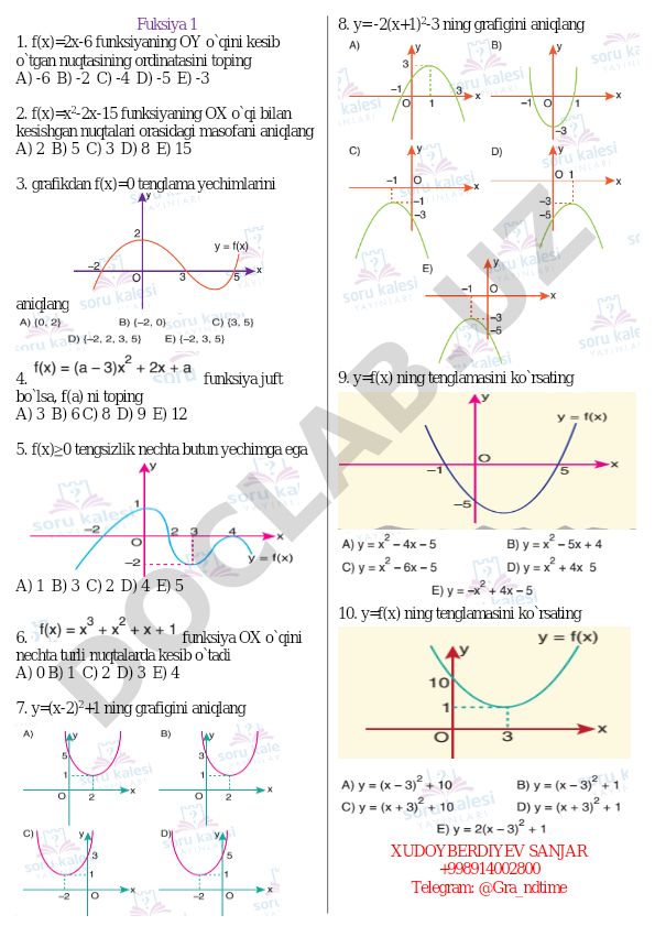 Funksiyalar va grafiklar bo'yicha matematika test savollari
