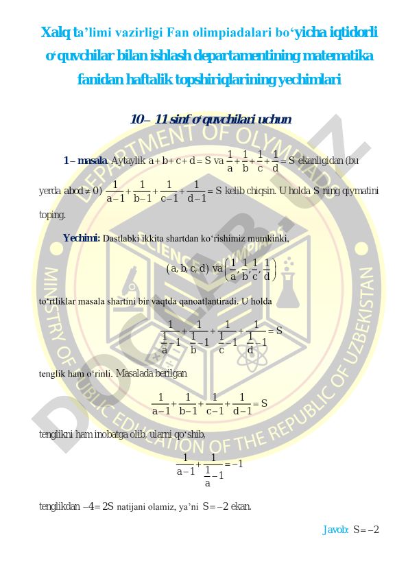Matematika fanidan haftalik topshiriqlar yechimlari 10-11 sinf